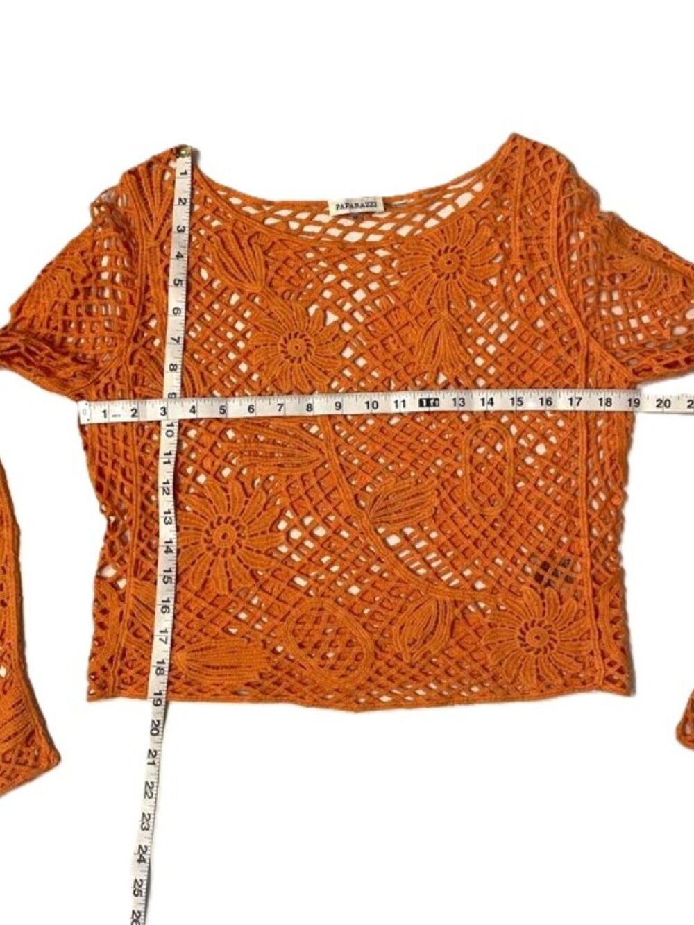 Paparazzi Crochet Mesh Open Knit Top Orange Med Long Sleeve Boho Festival Beach - Picture 8 of 16